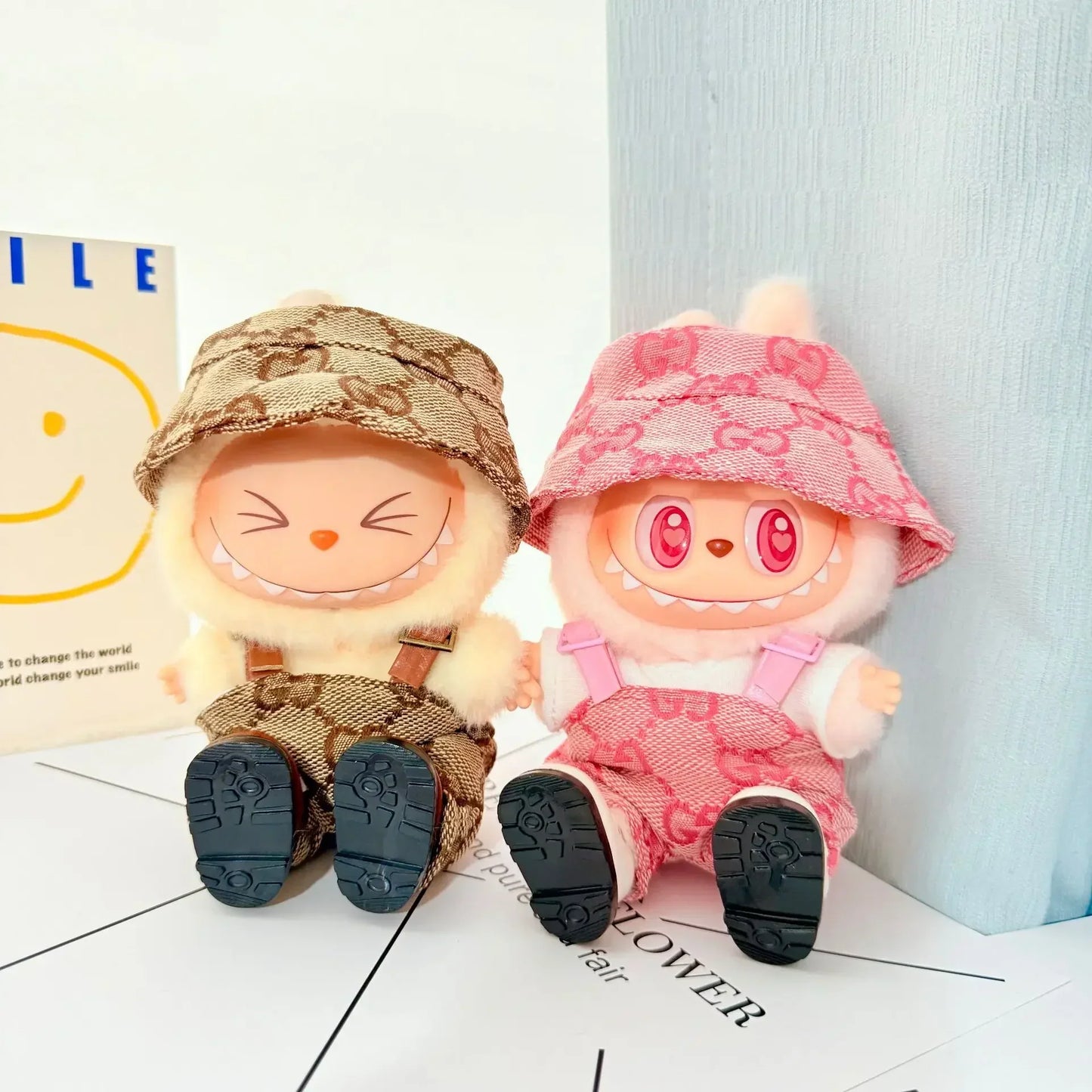 Labubu Gucci-Inspired Pink 2pc Monogram Set β Bucket Hat & Overalls for Labubu