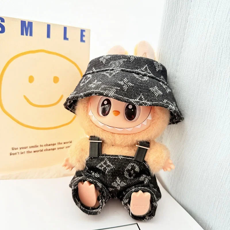 Labubu Louis Vuitton-Inspired 2pc Monogram Set – Bucket Hat & Overalls for Labubu